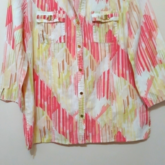 JM Collection 100% linen 3/4 Sleeve Printed Button Down Shirt size 10 - Picture 5 of 10